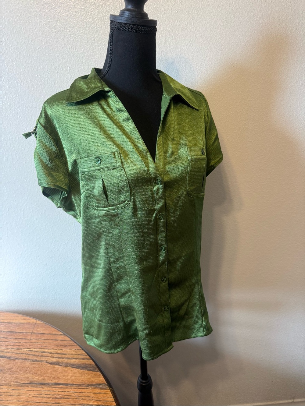 Satin y2k office siren Short-Sleeve Button-Up Top in Olive Green